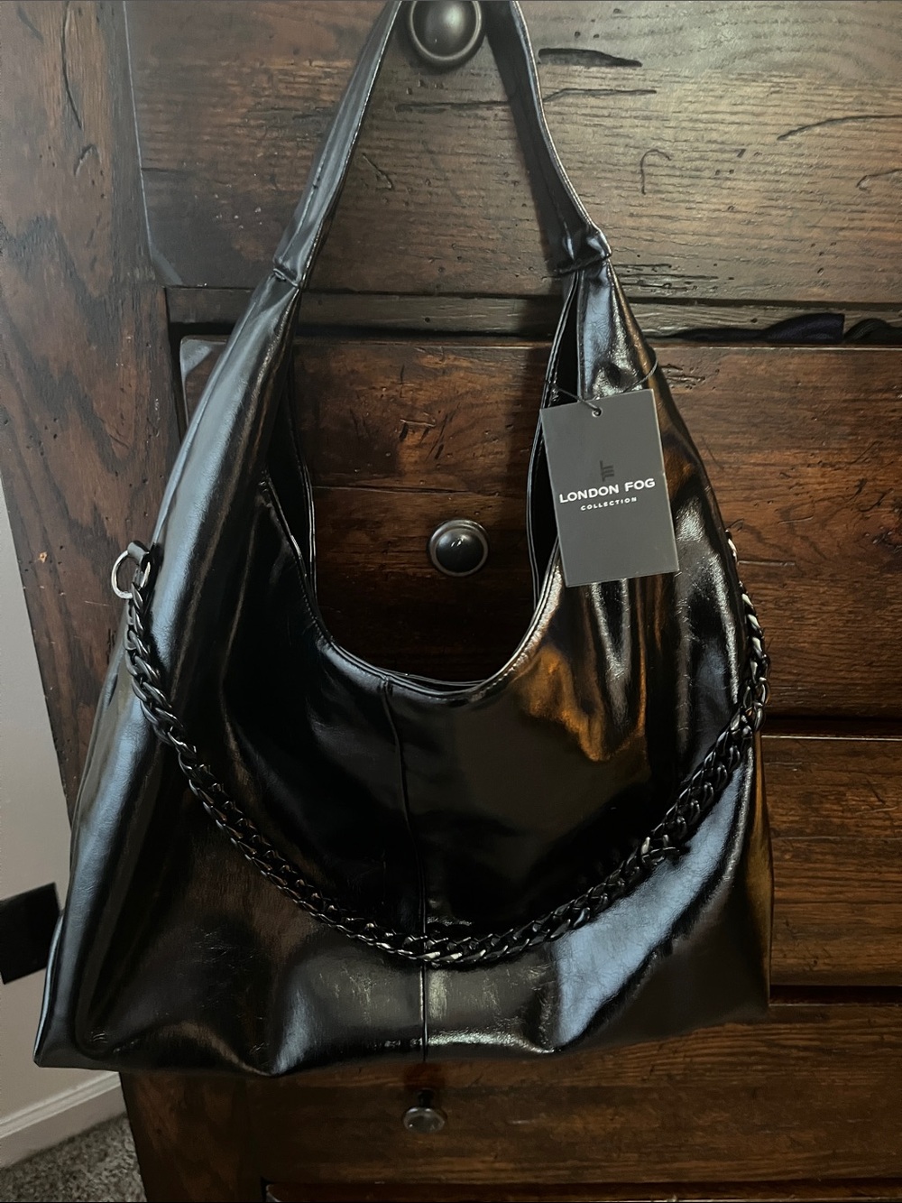 London Fog Black Patent Shoulder Bag with Chain Accent